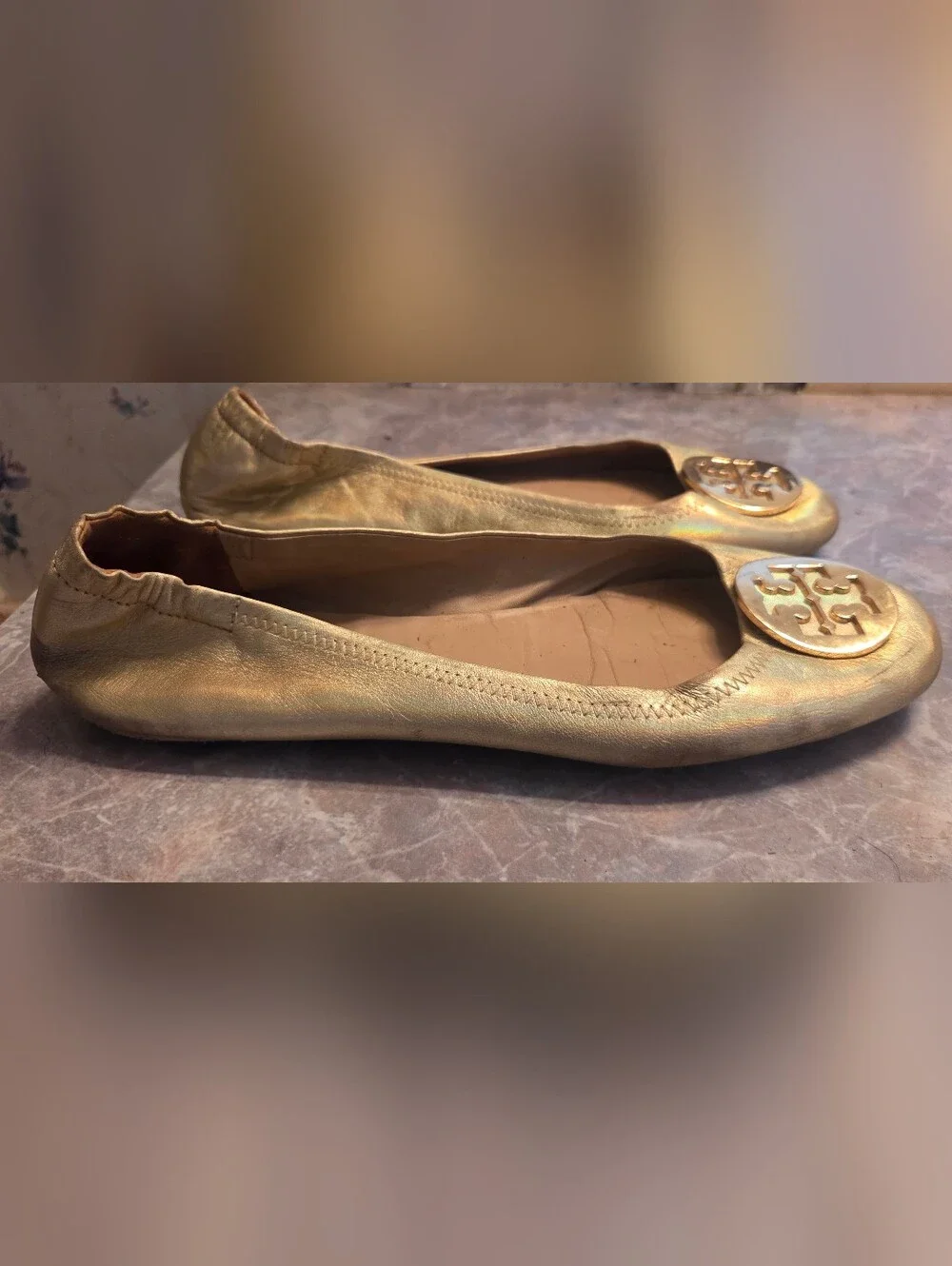 Tory Burch Metallic Gold Logo Ballet Flats